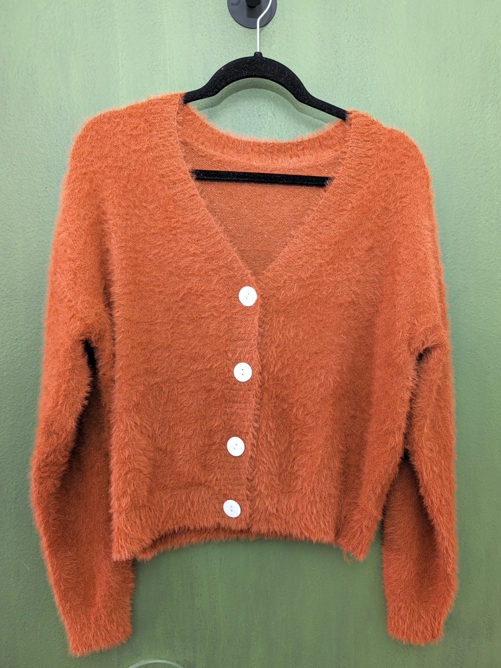 Cozy Rust Fuzzy V-Neck Cardigan Sweater